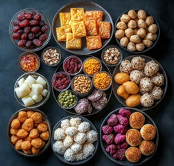 Colorful Array of Traditional Sweets and Snacks on Dark Surface with Assorted Textures and Shapes for Festive Occasions