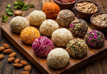 Colorful Assortment of Delicious Sweet Treats on Wooden Serving Board with Nuts, Seeds, and Garnishes for a Festive Celebration or Healthy Snack Option