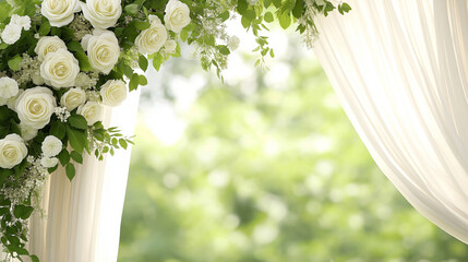 Delicate white roses decorating wedding arch, soft curtains draping beside, romantic scene set against blurred verdant background