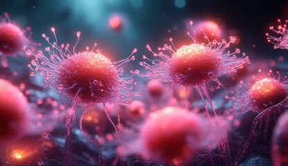 Detailed 3D illustration of vibrant cancer cells with intricate structure and glowing tendrils