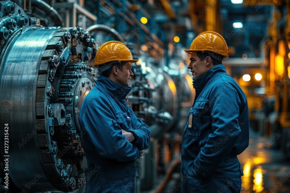 Poster engineers discussing technology in modern factory setting with machinery