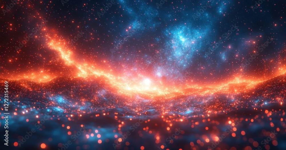 Poster cosmic explosion of glowing particles in deep space abstract light and shade effects