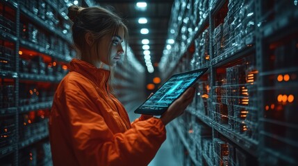 Obraz premium Futuristic Warehouse Scene with Business Person Using Tablet for Logistics Management and Augmented Reality Data