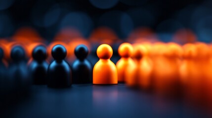 A single orange figure stands out from a crowd of black figures, symbolizing individuality and standing out.