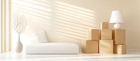 Minimalist Room With Cardboard Boxes And White Furniture