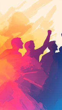 Silhouetted figures celebrate, vibrant colors burst behind them.  A powerful image of unity and excitement.