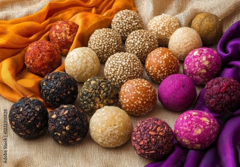 Poster colorful assortment of round sweets and snacks on fabric backdrop showcasing various textures and vi