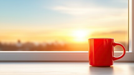 Red Mug Sunrise Windowsill Peaceful Morning View