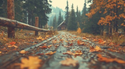Autumnal forest path leading to cabin