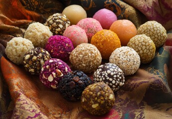 Obraz premium Colorful Assortment of Sweet Treats and Delicacies Arranged on Decorative Fabric Background for Food and Dessert Concepts