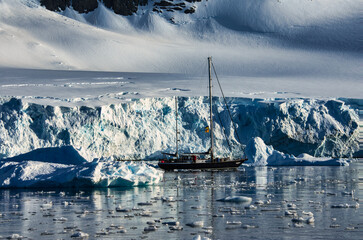 Antarctic Peninsula: Snowy peaks, icebergs, cloudy sky. Lemaire Channel