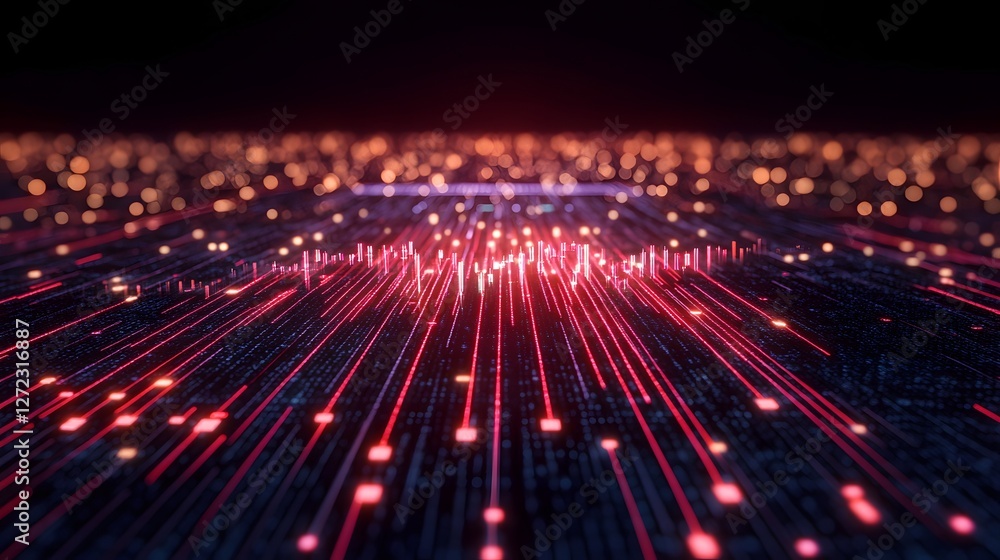 Poster dynamic red and blue light streams on dark background in motion