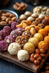 Obraz premium Colorful Assortment of Traditional Indian Sweets and Snacks on a Wooden Platter with Nuts and Treats for Festivals and Celebrations