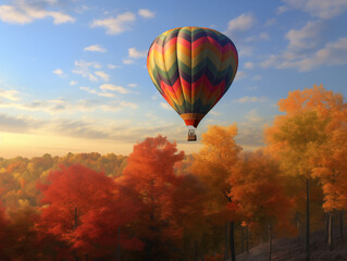 Naklejka premium A majestic hot air balloon against the backdrop of a vibrant autumn landscape, showcasing a stunning mix of warm tones and clear skies.