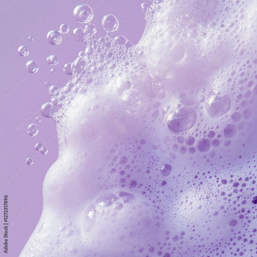 Poster a mesmerizing display of lavender soap foam creates an enchanting texture, with tiny bubbles rising 