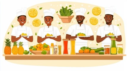 Culinary skills showcase kitchen illustration bright environment group of chefs food presentation