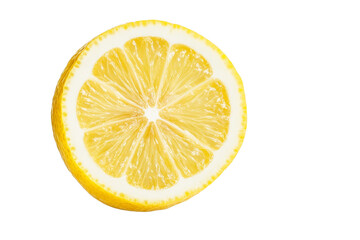 Slice of lemon is shown on a white background, isolated