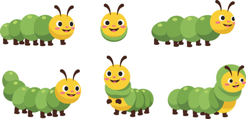 Obraz premium Happy cartoon caterpillar transformation with playful expressions in flat vector art