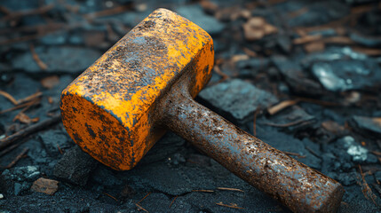 Close-Up Image of a Rusty Yellow Rubber Hammer Used in Construction and Carpentry Work