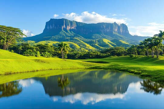 Majestic tepui mountain reflected in a tranquil pond landscape