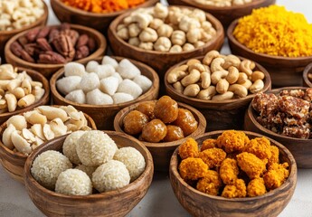 Colorful assortment of traditional sweets and snacks displayed in wooden bowls on a neutral background perfect for cultural or culinary concepts