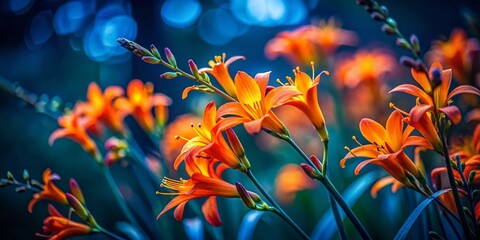 Low Light Closeup of Vibrant Orange and Yellow Crocosmia Flowers