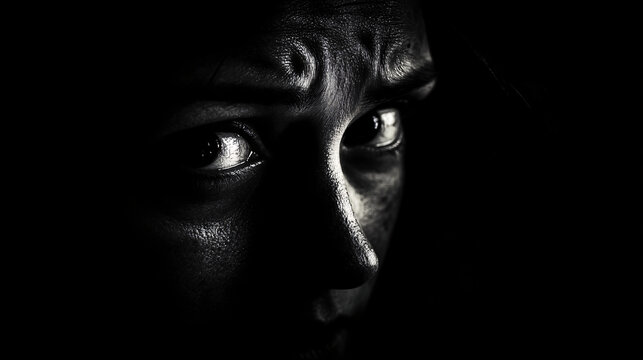 A close-up of intense eyes staring from deep shadows creating a dramatic and mysterious effect with high contrast and a sense of unease
