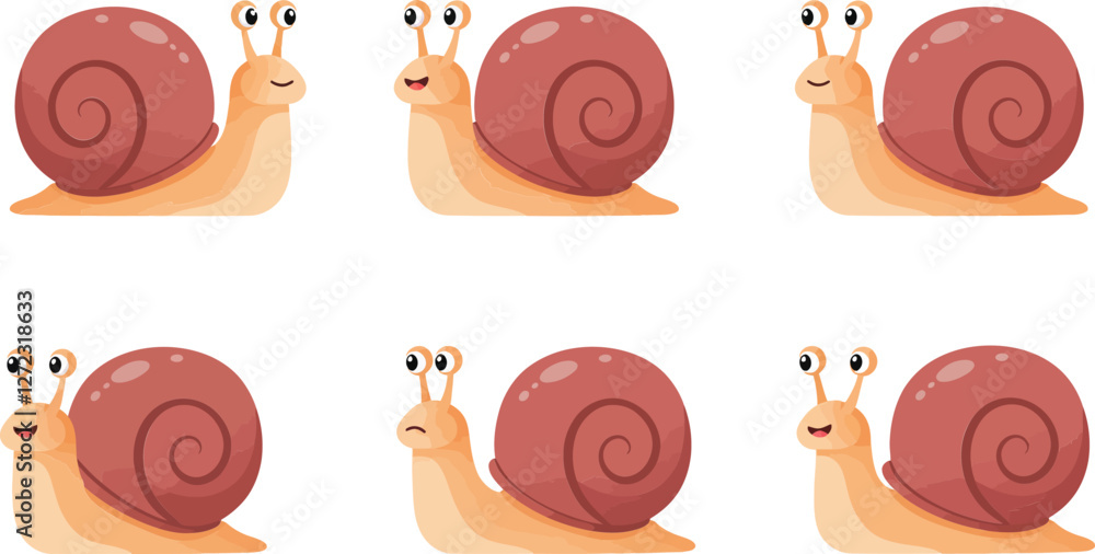 Poster cute snail character design in flat style featuring cheerful expressions and soft colors vector illu