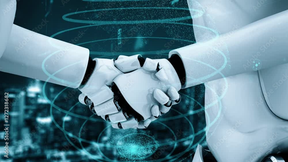 Poster internet connection controlled by ai robot huminoid and machine learning process to analyze data con
