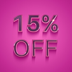 15% off, discount, 3d letters on pink background, 3d rendering