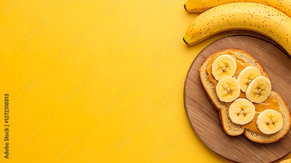 Poster sliced bananas on toast with peanut butter on yellow background