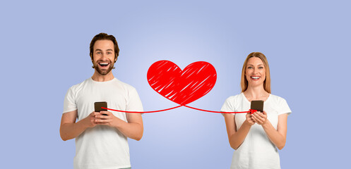 A couple joyfully interacts with their smartphones, sending affectionate messages to each other. Their expressions show love on Valentine's Day, symbolizing connection through technology.