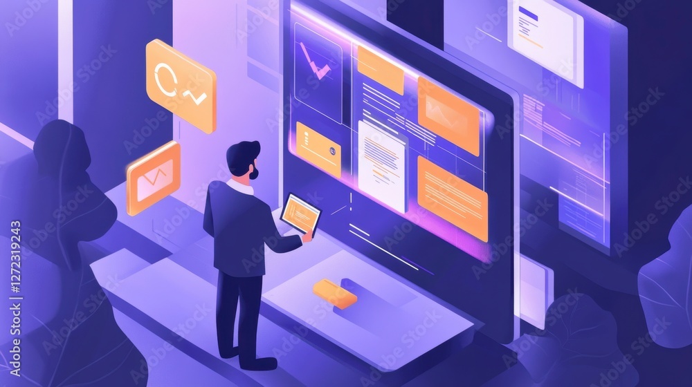 Poster businessman using large computer screen, modern office