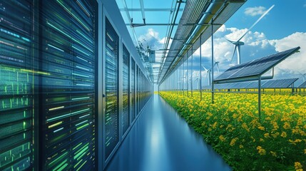 Innovation's Harmony: A cutting-edge data center merges with a field of renewable energy sources under a brilliant sky.