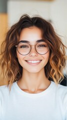 Obraz premium Smiling young woman with curly brown hair and round glasses. Natural beauty and a cheerful expression.