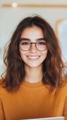 Obraz premium Smiling young woman with brown wavy hair wearing round glasses and an orange sweater.