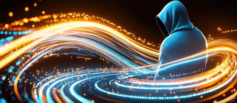 Hooded Figure Amidst Abstract Digital Light Trails