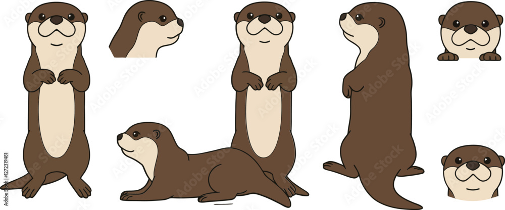 Poster cute otter characters in playful poses with minimal design elements vector art