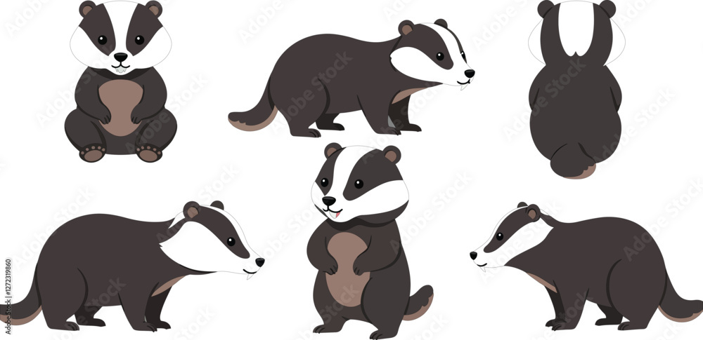 Poster cute badger character design in flat style with playful poses and expressions vector illustration