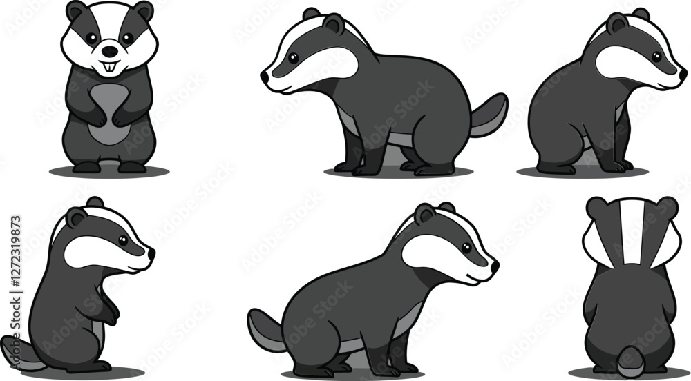 Poster cute cartoon badger character design in flat style with playful expressions vector art