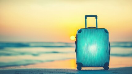 Travel adventure awaiting at sunset beach luggage on shore photography coastal scene inspirational view