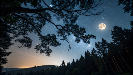 night sky lanscape in the woods with full moon