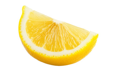 Slice of lemon is shown on a white background, isolated