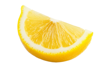 Slice of lemon is shown on a white background, isolated