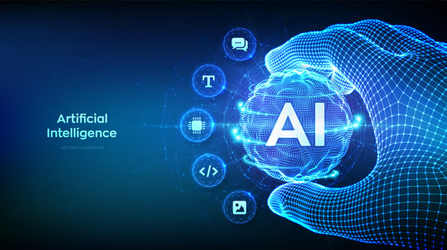 AI. Artificial Intelligence in the shape of sphere grid wave in wireframe hand. AI virtual technology. Machine Learning Concept. Big data innovation technology. Neural networks. Vector illustration.