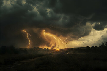 Fototapeta premium Intense lightning storm flashing across a countryside landscape