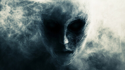 A ghostly figure emerging from swirling smoke with dark hollow eyes creating an eerie supernatural and haunting atmosphere in monochrome tones
