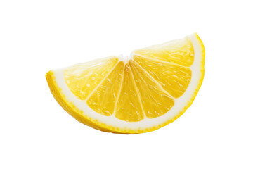 Slice of lemon is shown on a white background, isolated