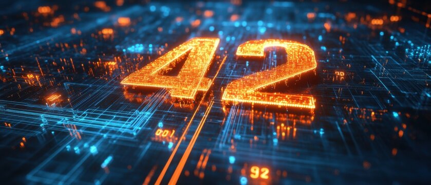 The Answer to the Ultimate Question of Life, the Universe, and Everything: 42 glowing on a futuristic circuit board Concept of artificial intelligence, technology, and the meaning of life