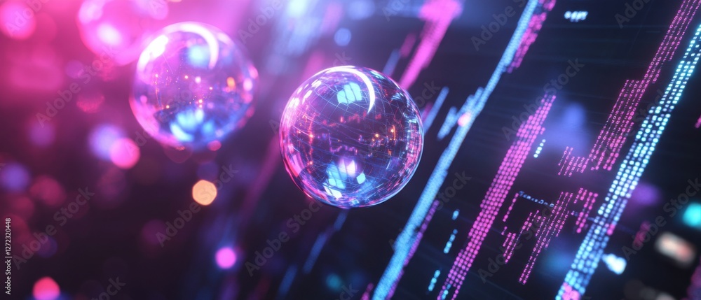 Poster futuristic technology background with glowing spheres and digital data stream abstract concept of cy